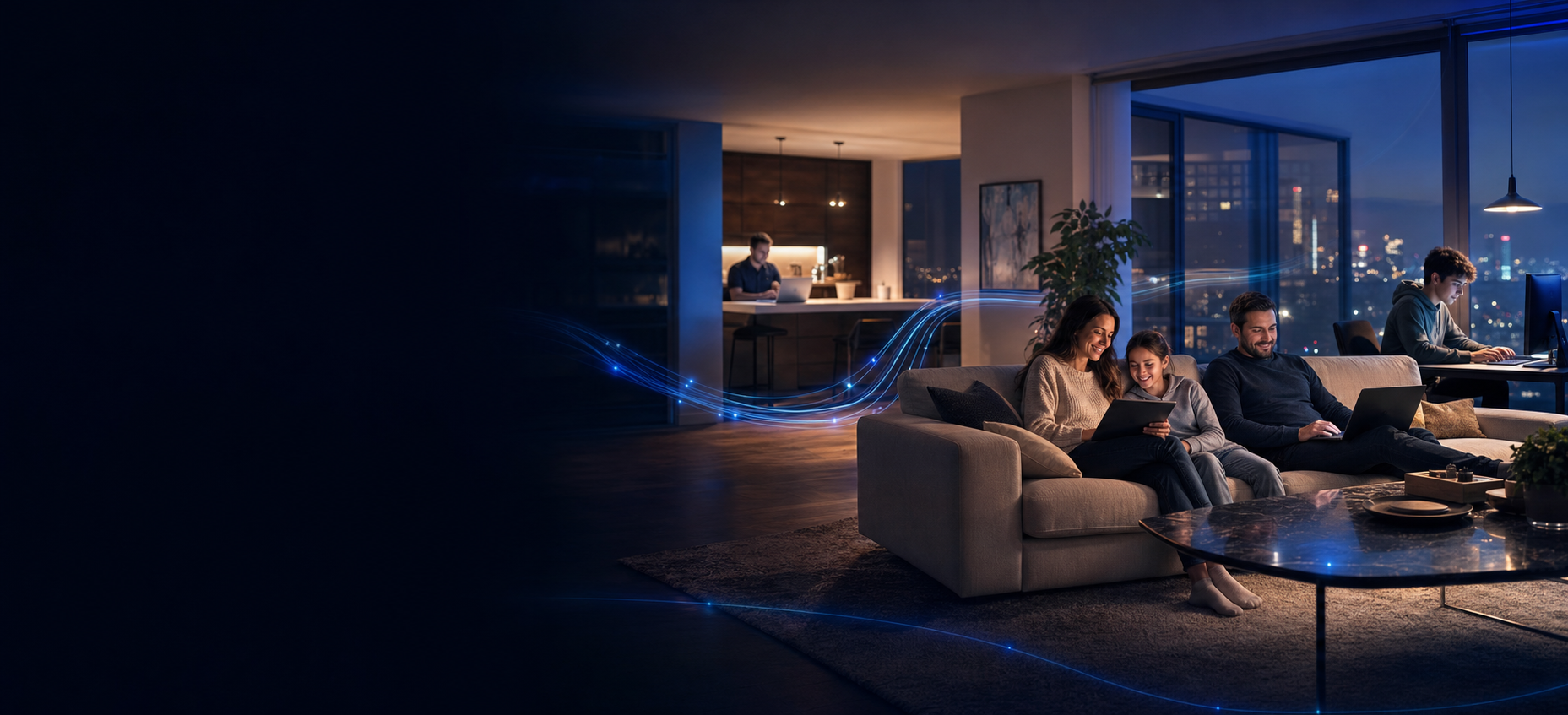 Family and professionals using connected devices in a modern home